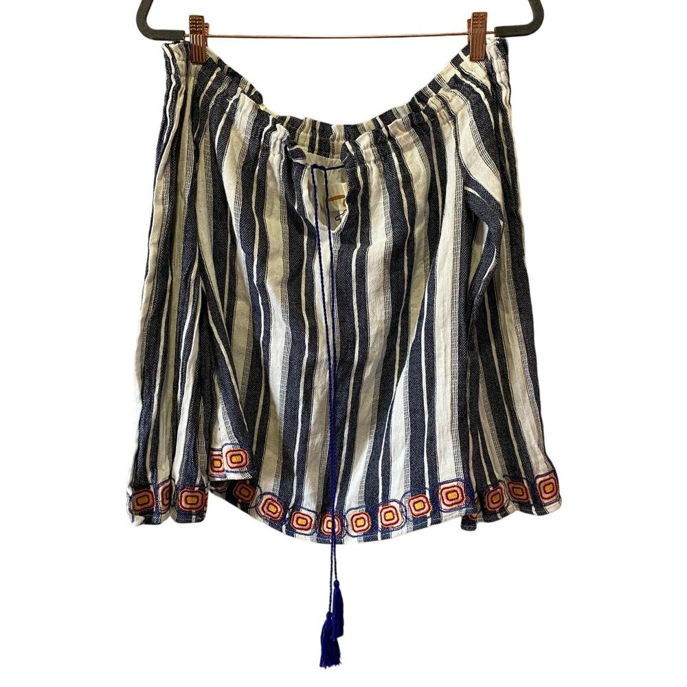 J.O.A Los Angeles Off Shoulder Top Embroidered Tassel Linen Boho Stripe M